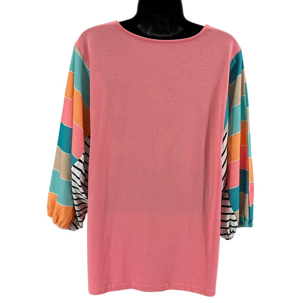 Womens Shirt SZ L Peasant Orange Colorblock Striped V-Neck 3/4 Sleeves Pullover - Picture 5 of 5